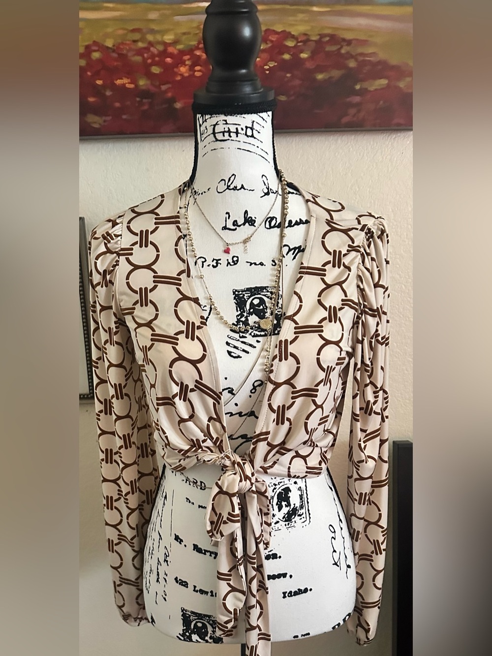 Tie-Front Printed Crop Top in Cream and Brown NWOT